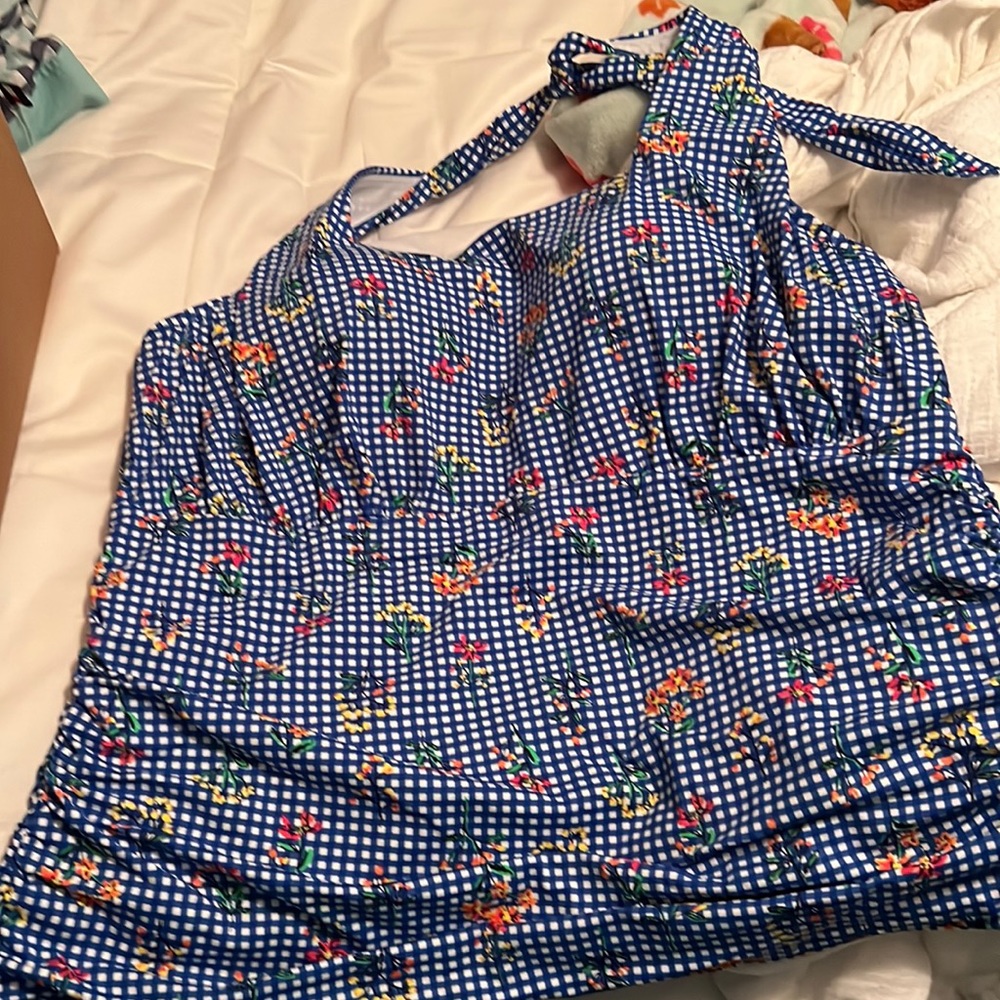 Lands' End Blue Gingham Floral Swimsuit